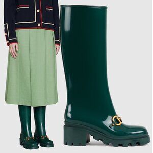 GUCCI BOOTS KNEE HIGH GREEN RUBBER with HORSEBIT DETAIL sz 37G US 7